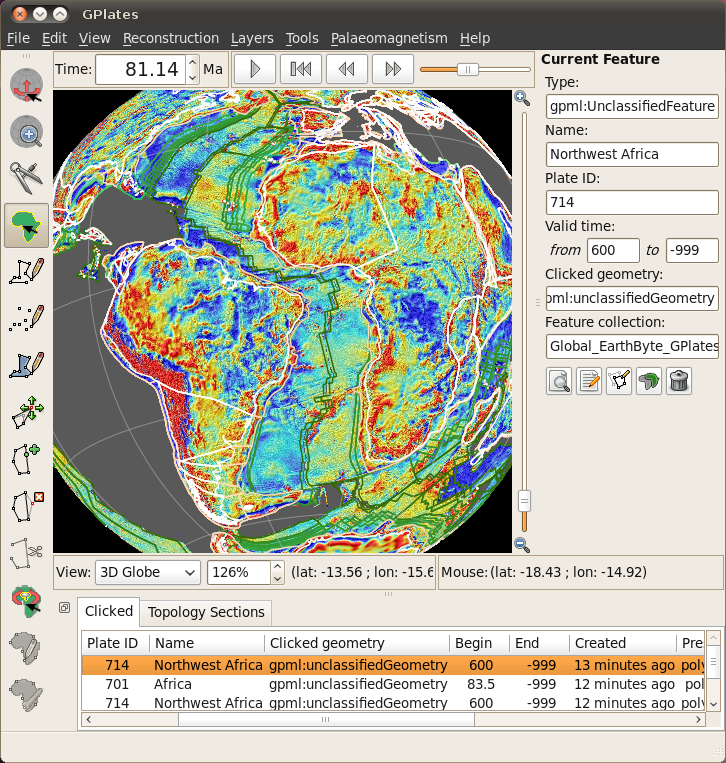 Совместная визуализация геотектонической модели и современных гравиметрических данных (источник - gplates.org)