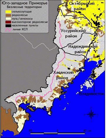 Карта 1. Территория исследований воздействия пожаров на юго-западе Приморского края. Показаны безлесные территории рассматриваемого района.
