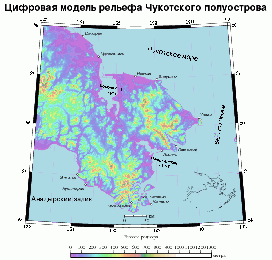 Карта вправо. Рельеф Чукотского полуострова кратко. Коэффициенты на картах в конической проекции.