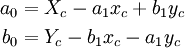 \begin{align}
a_0 & = X_c - a_1 x_c + b_1 y_c \\
b_0 & = Y_c - b_1 x_c - a_1 y_c
\end{align}