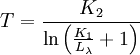 T = \frac{K_2}{\ln \left( \frac{K_1}{L_\lambda} + 1\right )}