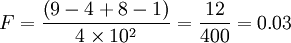 F = \frac{\left ( 9-4+8-1 \right )}{4\times 10^2}=\frac{12}{400}=0.03