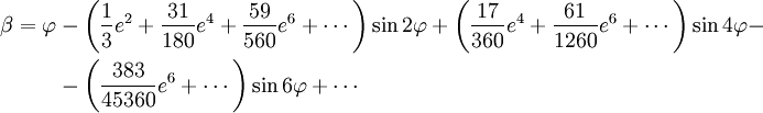 begin{align}
beta = varphi & - left( frac{1}{3} e^2 + frac{31}{180} e^4 + frac{59}{560} e^6 + cdots right) sin 2 varphi + left( frac{17}{360} e^4 + frac{61}{1260} e^6 + cdots right) sin 4 varphi - \
 & - left( frac{383}{45360} e^6 + cdots right) sin 6 varphi + cdots
end{align}