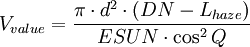 V_{value} = \frac{\pi \cdot d^2 \cdot \left ( DN - L_{haze} \right )}{ESUN \cdot \cos^2 Q} 