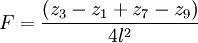 F = \frac{\left ( z_3-z_1+z_7-z_9 \right )}{4l^2}