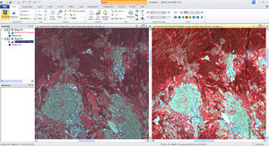 рис.3б - результаты работы алгоритма hpf (слева) и исходный снимок Landsat