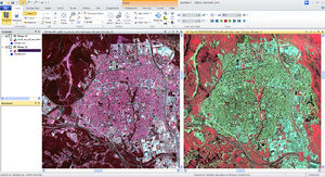 рис. 3д - сравнение работы алгоритма Modified IHS для снимков SPOT 5 (слева) и Landsat 5 (справа)